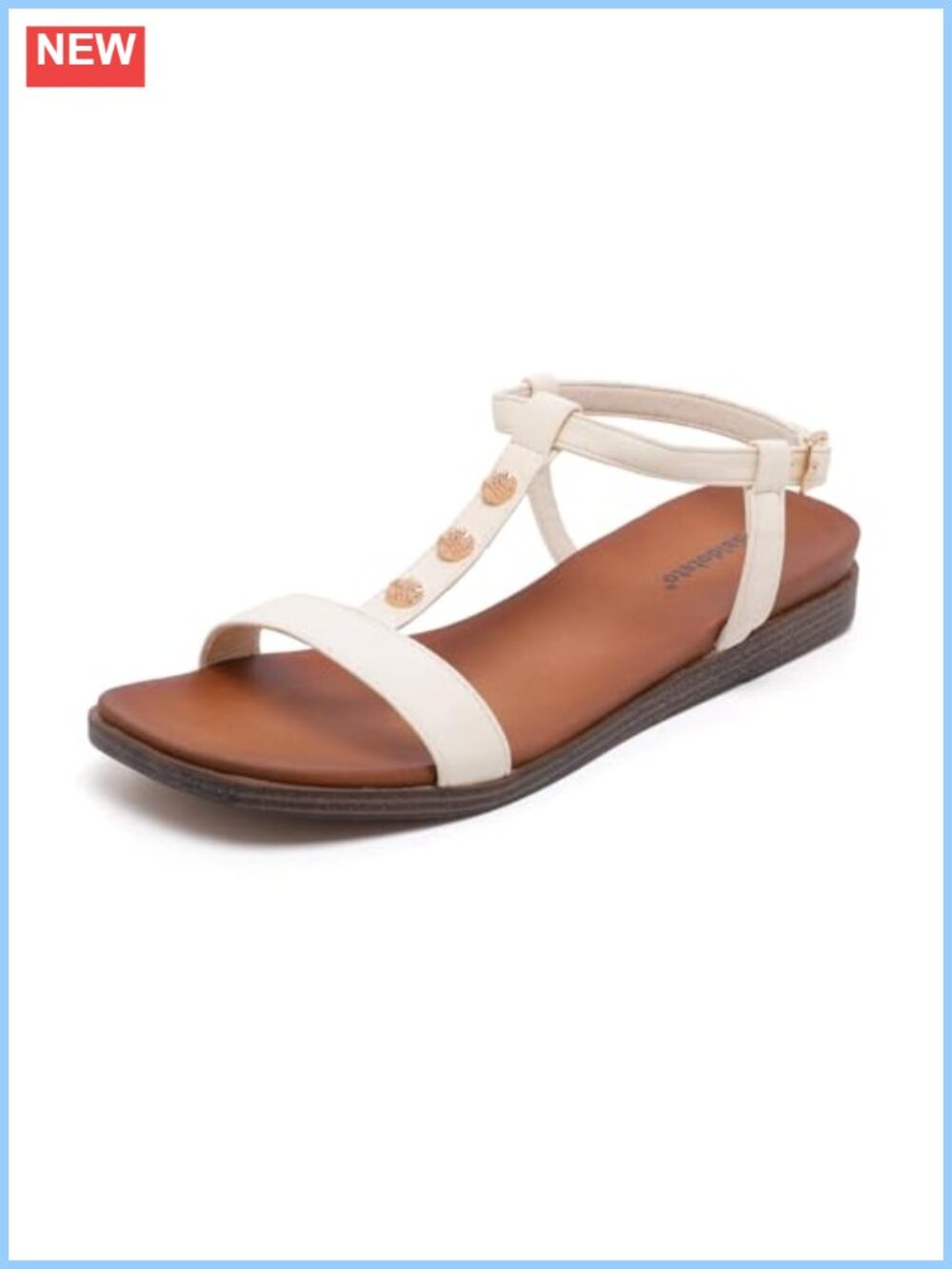 Women's T-Strap Flat Sandals Square Toe Faux Leather Casual